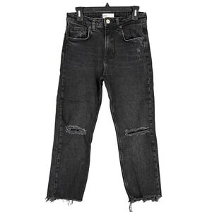 Zara High Rise Straight Ankle Jeans 6 Distressed Raw Hem Streetwear Utility Core